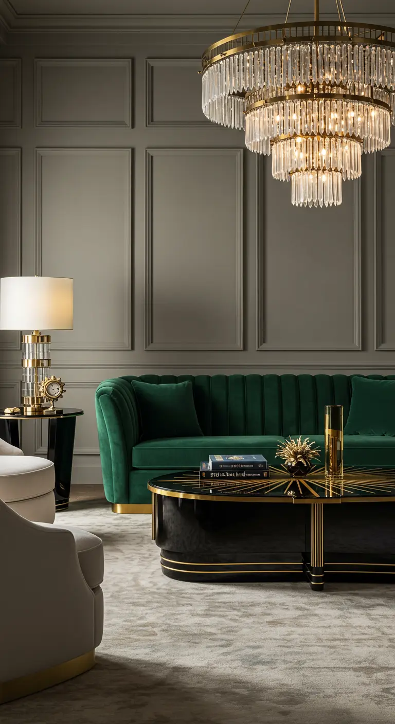 An elegant living room with an emerald green velvet sofa and a large crystal chandelier.