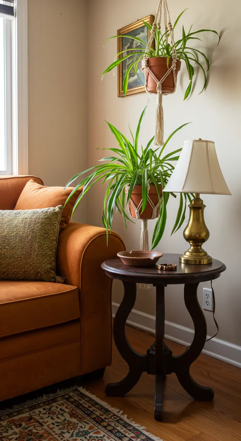 End table next to a sofa with a table lamp and two spider plants, one in a macrame hanger.
