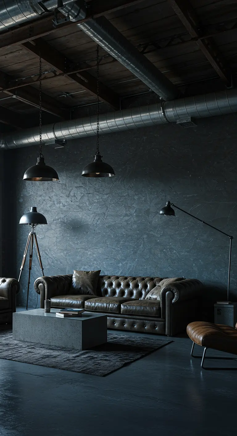 Dark industrial loft with a chesterfield sofa and multiple light sources: pendants and floor lamps.