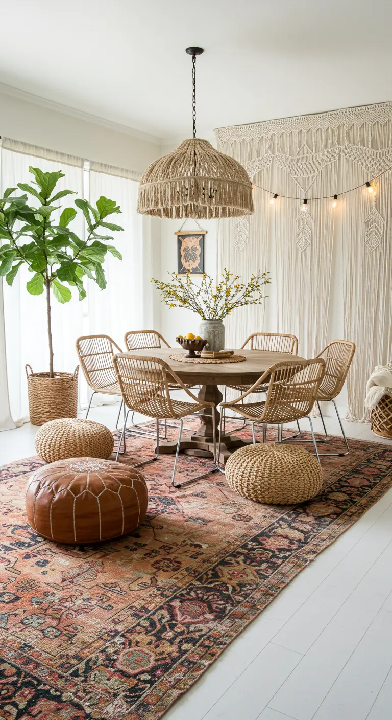 Bohemian dining room with a large patterned rug, macrame wall hanging, and woven poufs.