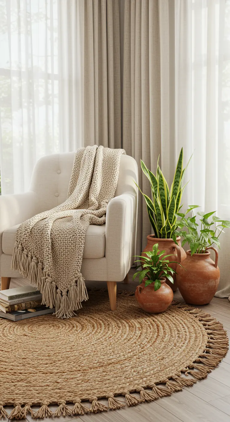Cream armchair with a fringed throw, a round jute rug, and a cluster of terracotta plant pots.