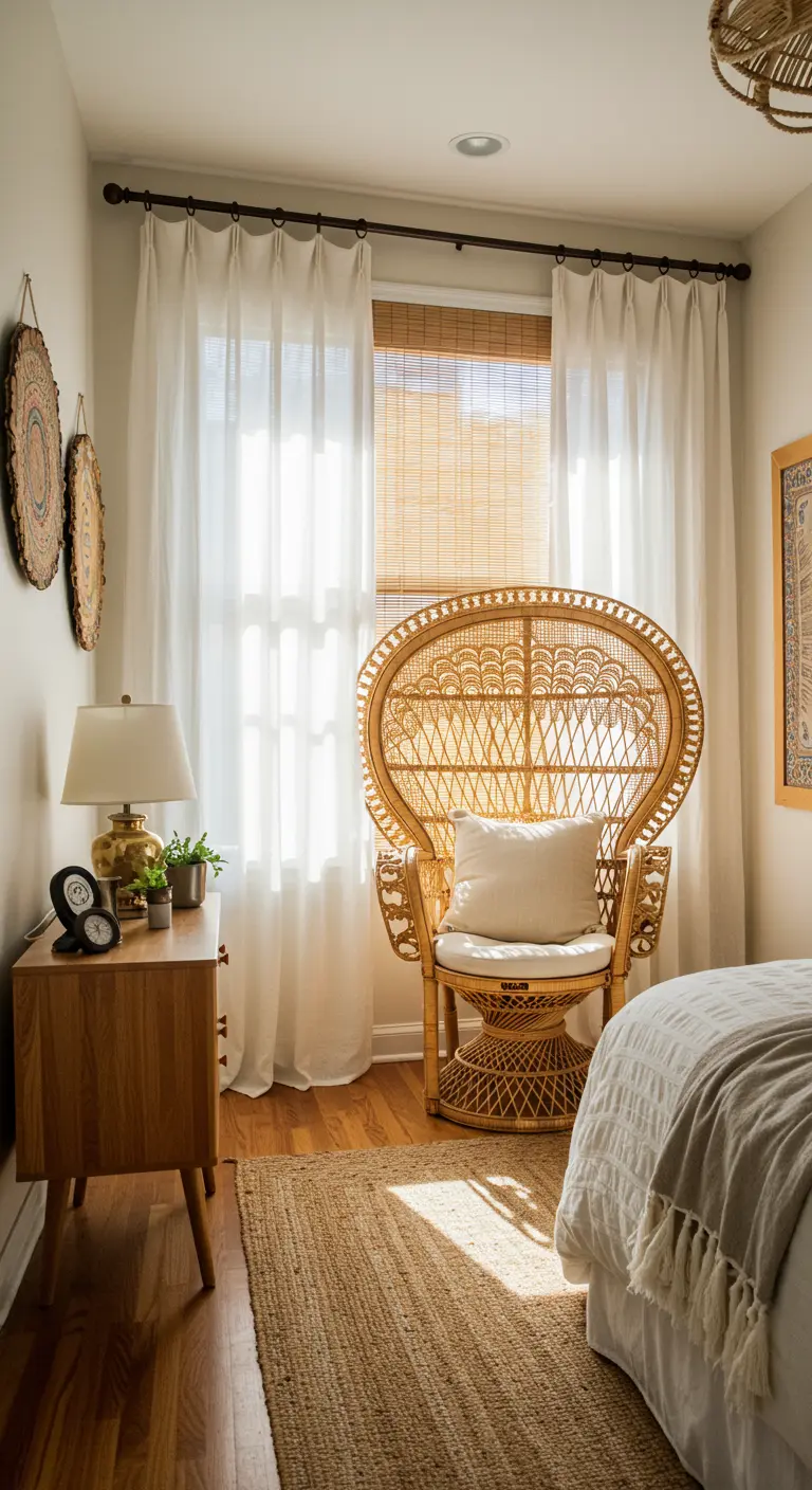A bedroom window with a bamboo blind layered under sheer white curtains next to a peacock chair.