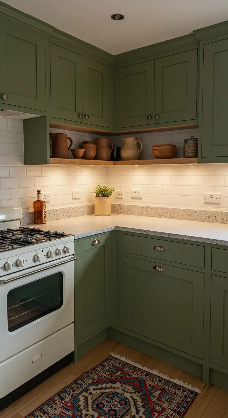A corner view of a kitchen with olive green cabinets and a wood shelf turning the corner.