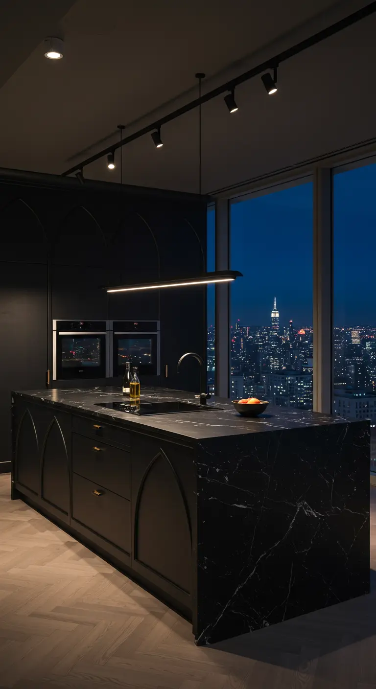 Sleek black kitchen with a waterfall marble island overlooking a city skyline at night.