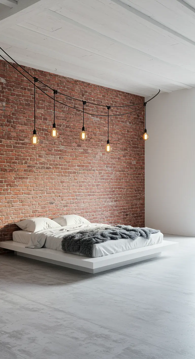 A minimalist bedroom featuring a prominent red brick wall and a low, white floating platform bed.