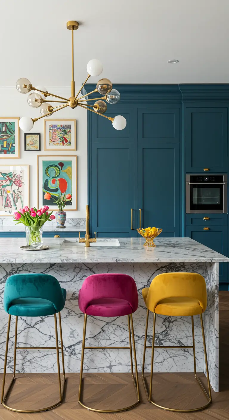 A kitchen with a gallery wall and multi-colored velvet stools in teal, magenta, and yellow.