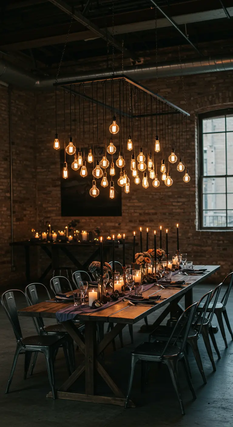 A dinner table in an industrial loft with an Edison bulb chandelier and black taper candles.