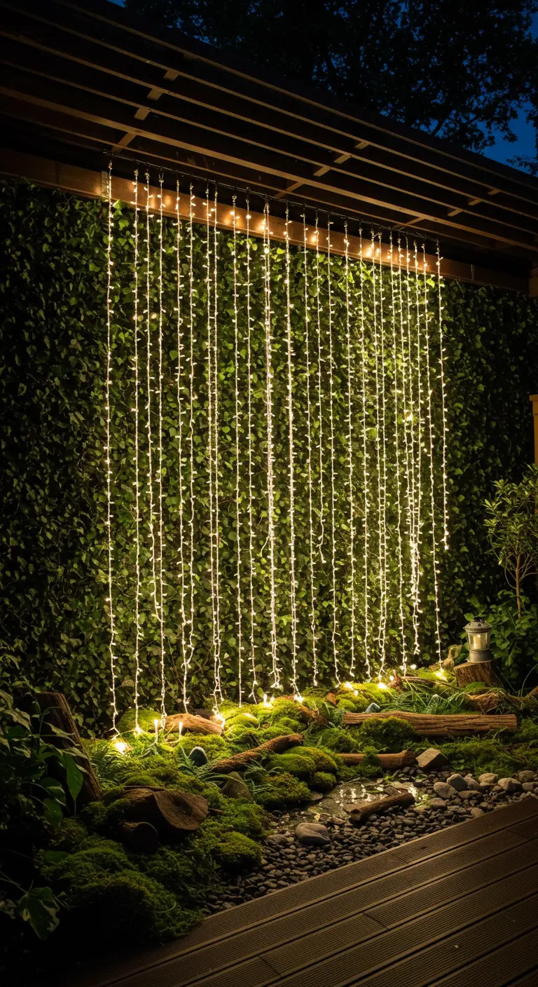 A curtain of waterfall fairy lights against an ivy wall with a mossy floor.