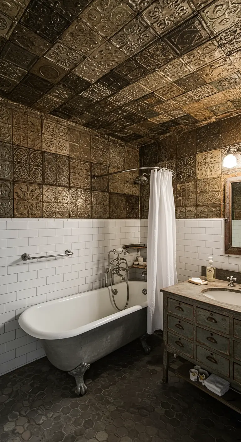 Vintage-style bathroom with a pressed tin tile ceiling and white subway tile.