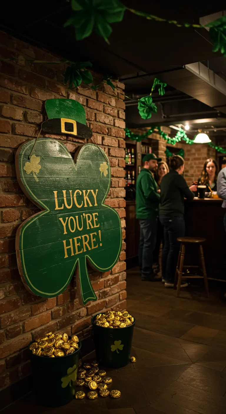 A large green shamrock-shaped wooden sign that says 'Lucky You're Here!' on a brick wall.