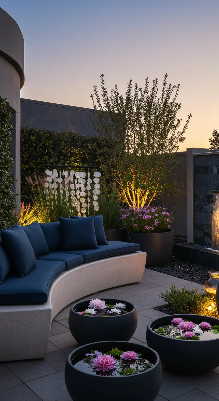 A modern patio with a curved concrete bench and bowls of water lilies lit from below.