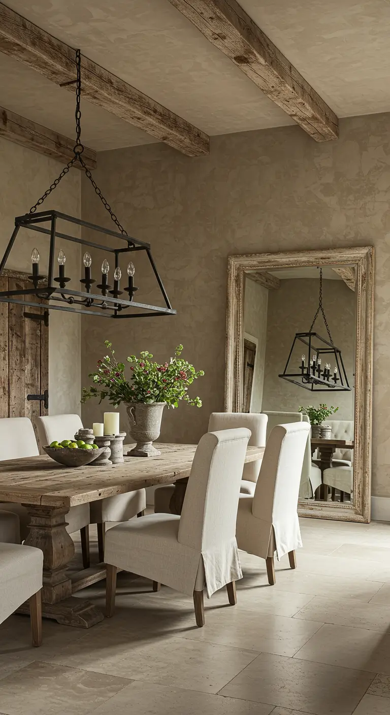 Rustic dining room with a large wooden table, slipcovered chairs, and an oversized mirror.