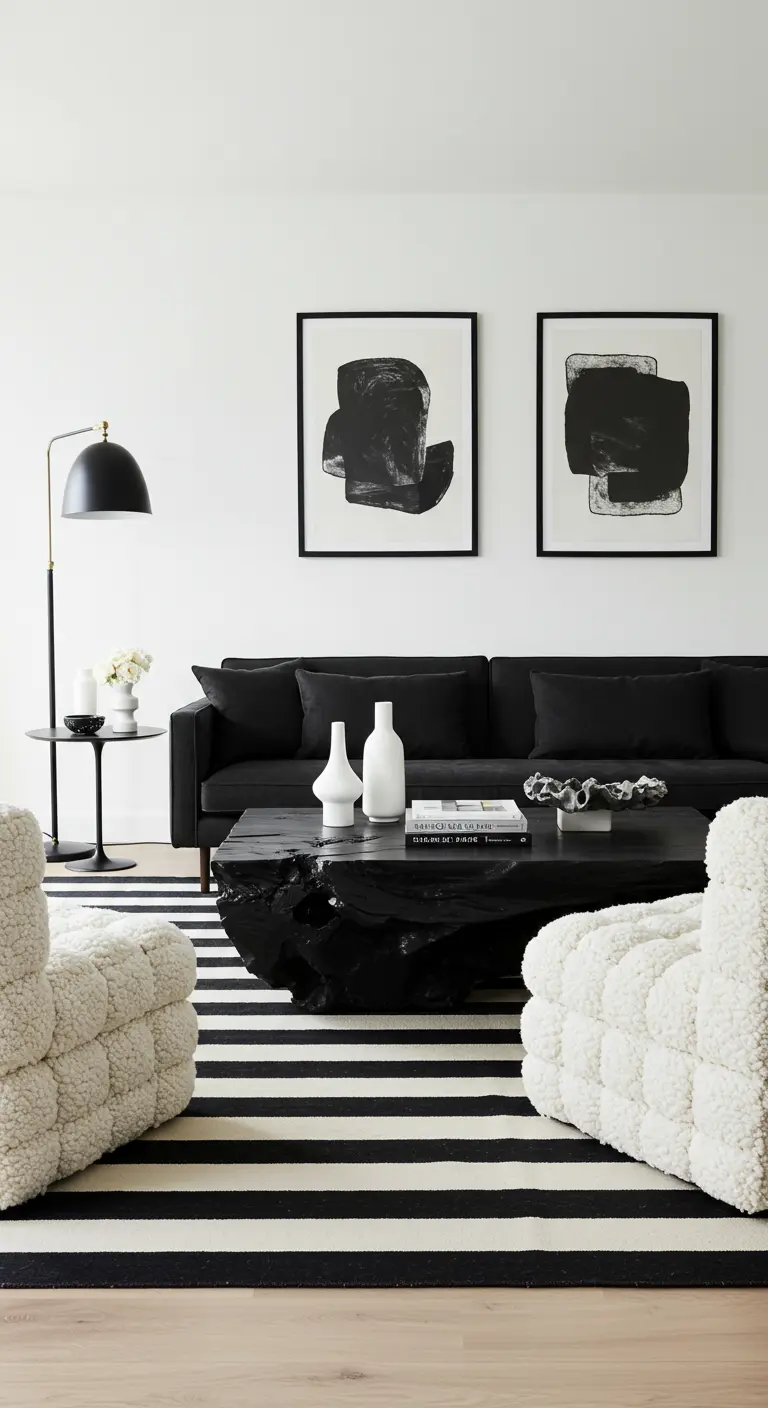 Modern black and white living room with a striped rug and a black coffee table.