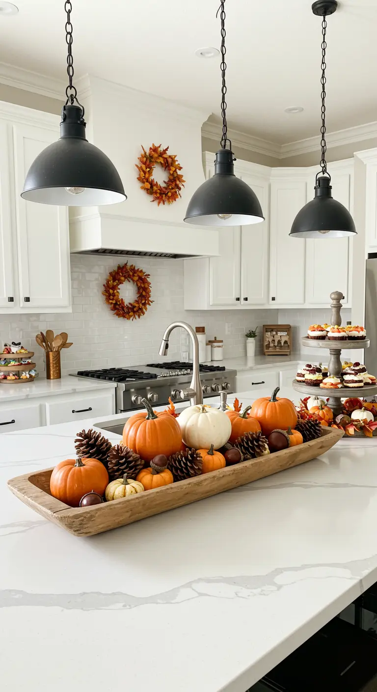 White kitchen island featuring a long dough bowl filled with pumpkins, pinecones, and chestnuts.