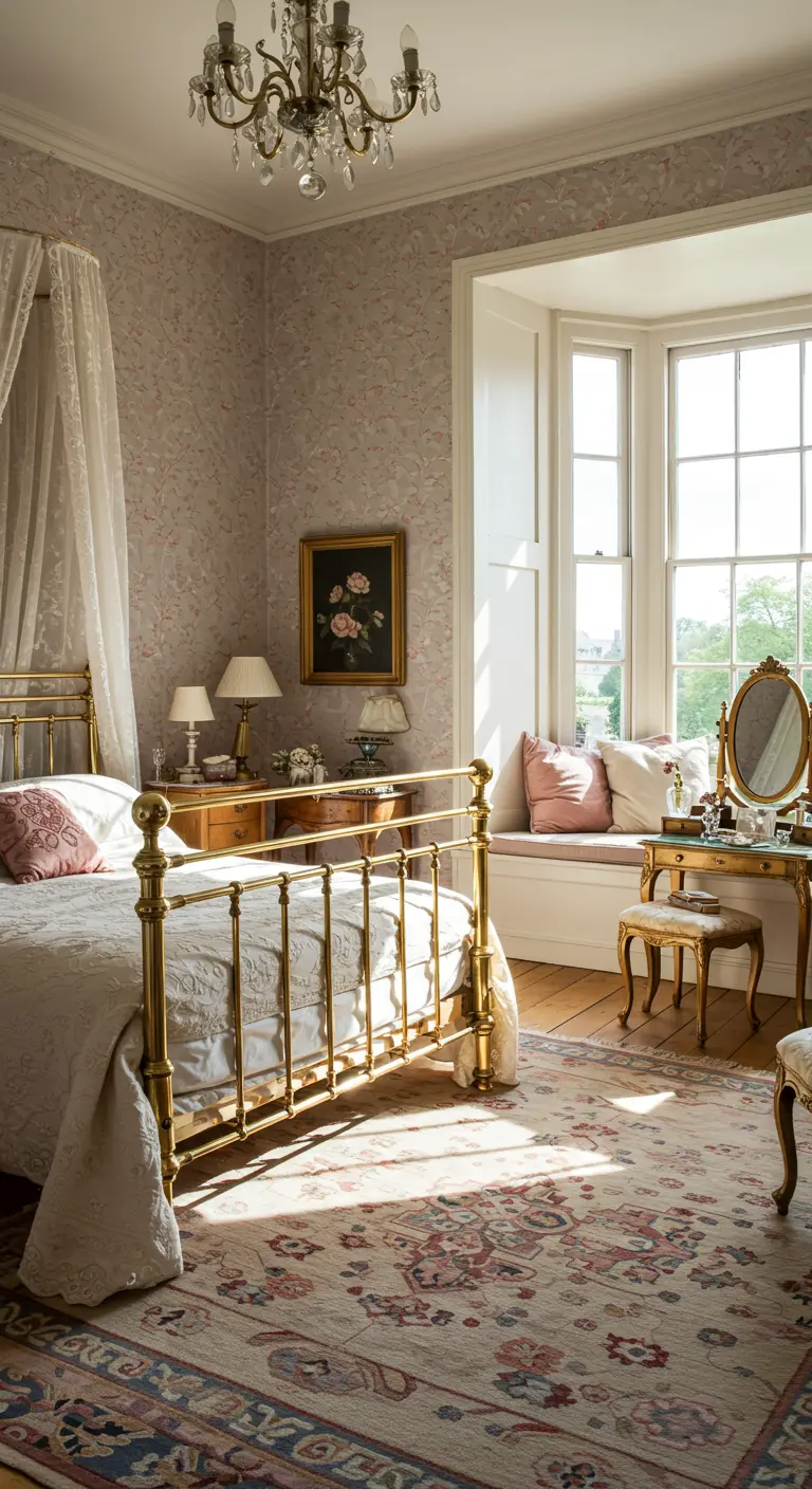 Sunlit bedroom with floral wallpaper, a brass bed, and a cushioned window seat.