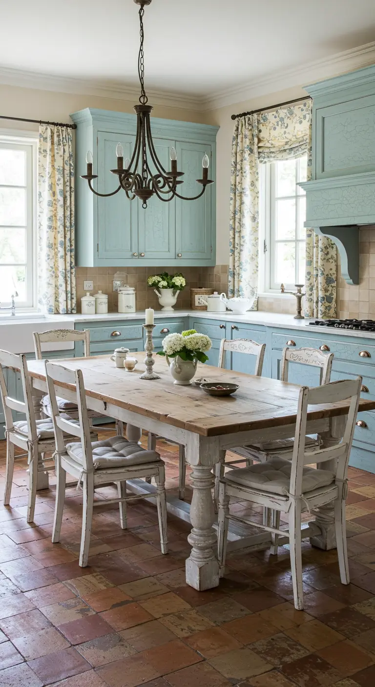 French country kitchen with light blue cabinets, a rustic wood table, and terracotta floors.