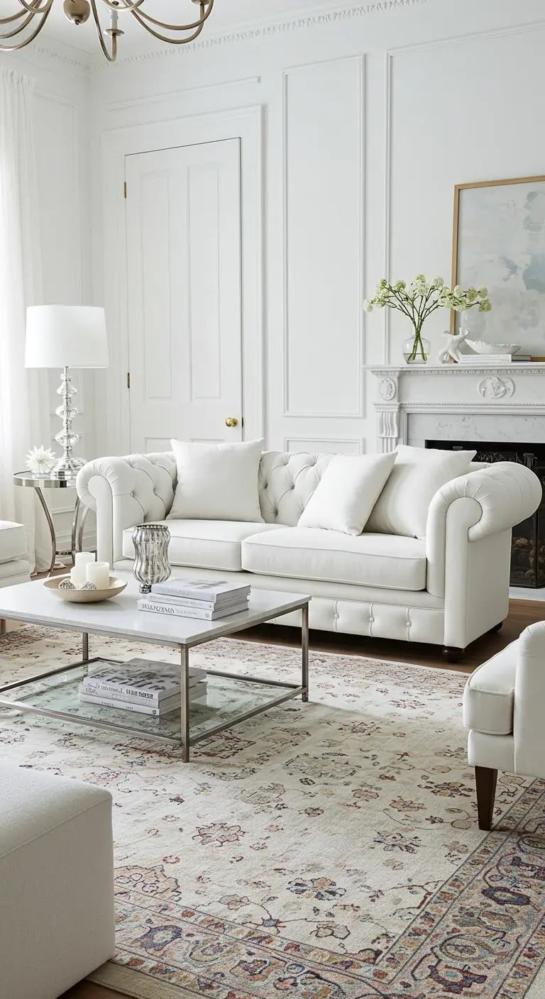 Traditional living room with white walls, a white tufted sofa, and a classic fireplace.