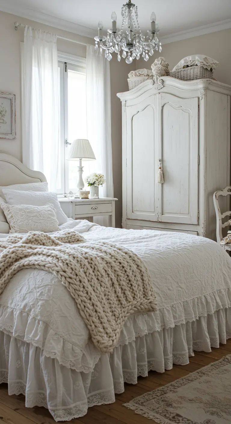 An all-white shabby-chic bedroom featuring varied textures like ruffles and a chunky knit throw.