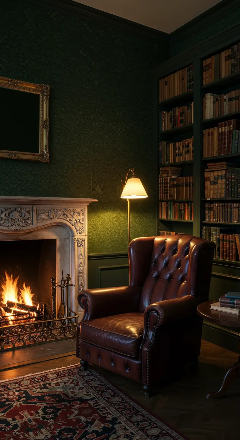 A tufted brown leather armchair sits by a roaring fireplace in a dark green library.