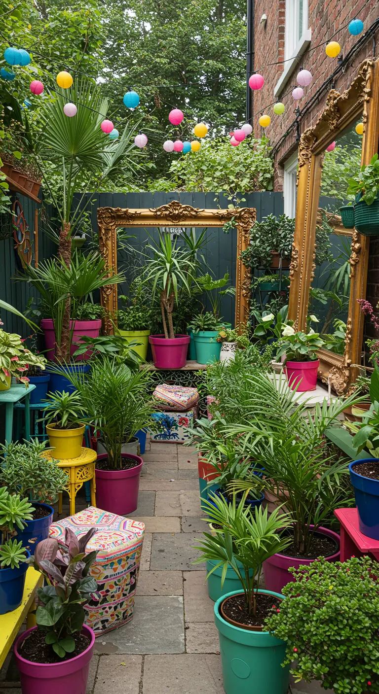 A vibrant, narrow garden filled with brightly colored pots, gold-framed mirrors, and lush plants.