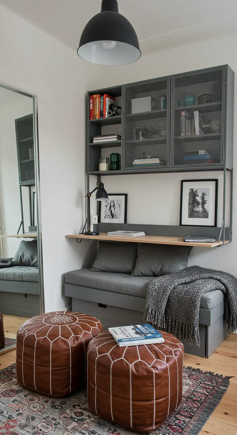 A cozy nook with a built-in desk under wall-mounted mesh cabinets and leather poufs.