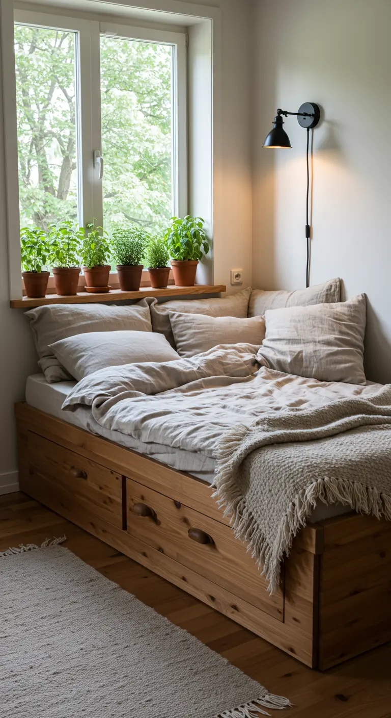 A wooden daybed with storage drawers, topped with linen bedding and situated under a window.