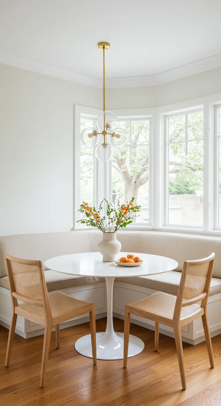A bright breakfast nook with a built-in corner banquette, round white table, and cane chairs.