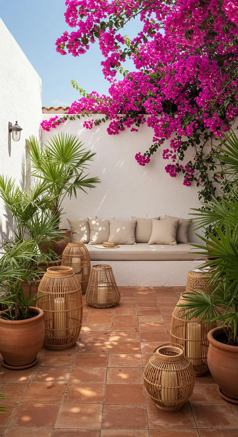 Sunny white patio with pink bougainvillea, a built-in bench, and large rattan floor lanterns.