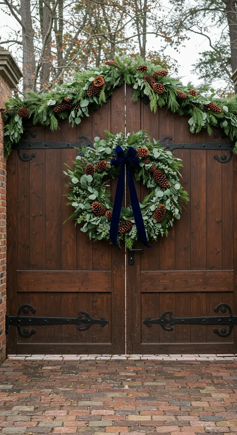 An oversized wreath with eucalyptus and a navy blue velvet bow on large wooden carriage doors.