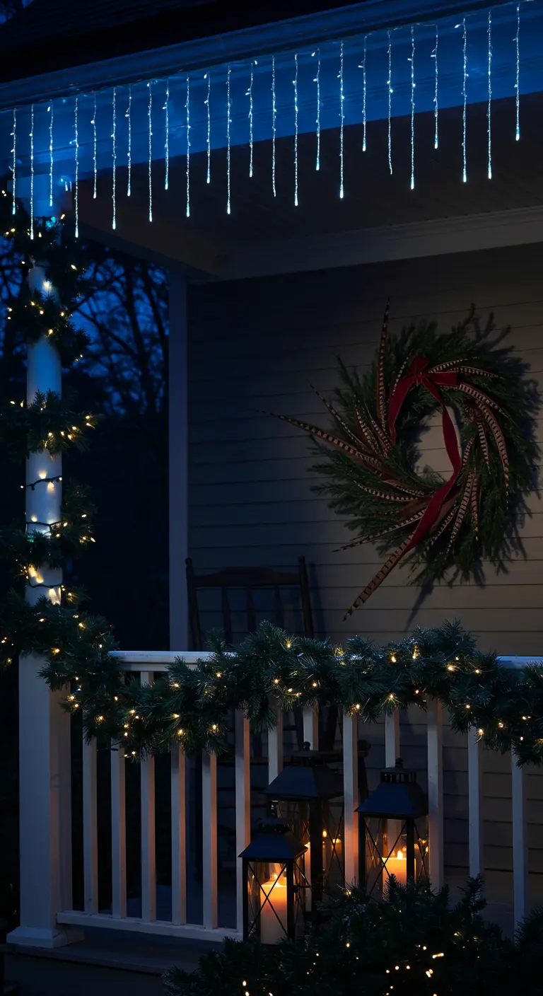 Porch at night illuminated by striking blue icicle lights and warm lanterns below.