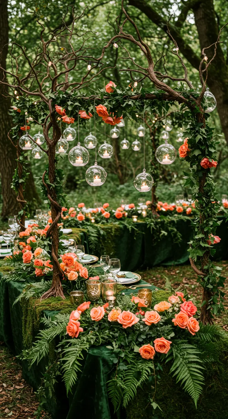 Enchanted forest wedding table with moss, coral roses, and hanging candle orbs.