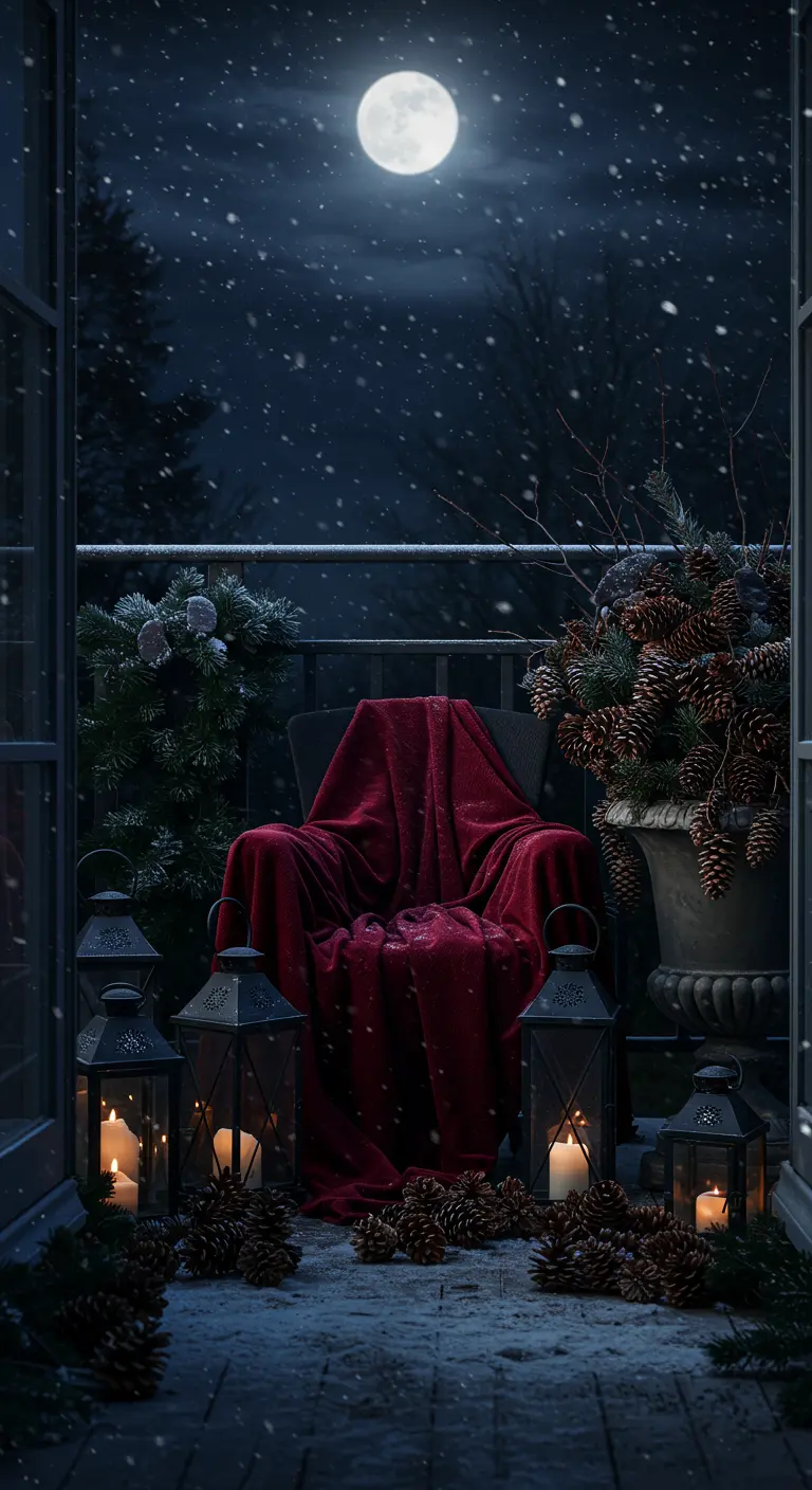 A chair draped in red velvet on a snowy balcony at night, surrounded by lanterns.