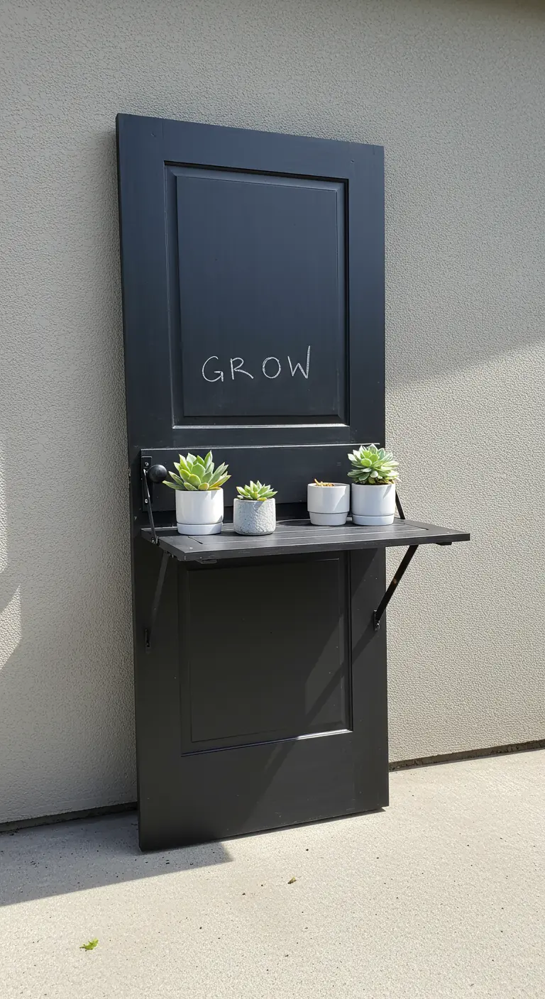 A sleek black door with a small, folding shelf holding four small succulent pots.