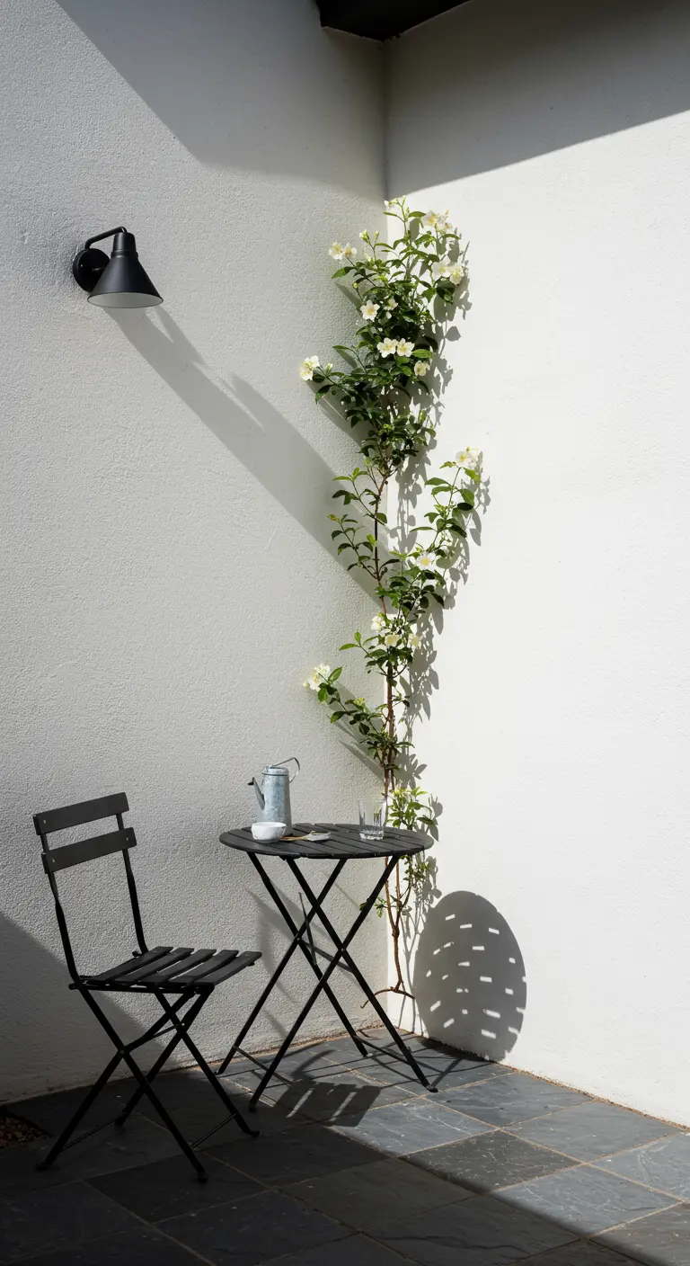 A black minimalist bistro set against a stark white wall with one climbing jasmine vine.