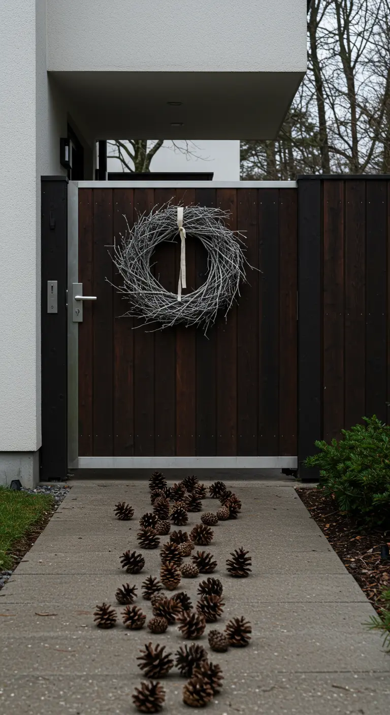 A modern dark wood gate with a bare twig wreath and a trail of pinecones on the walkway.