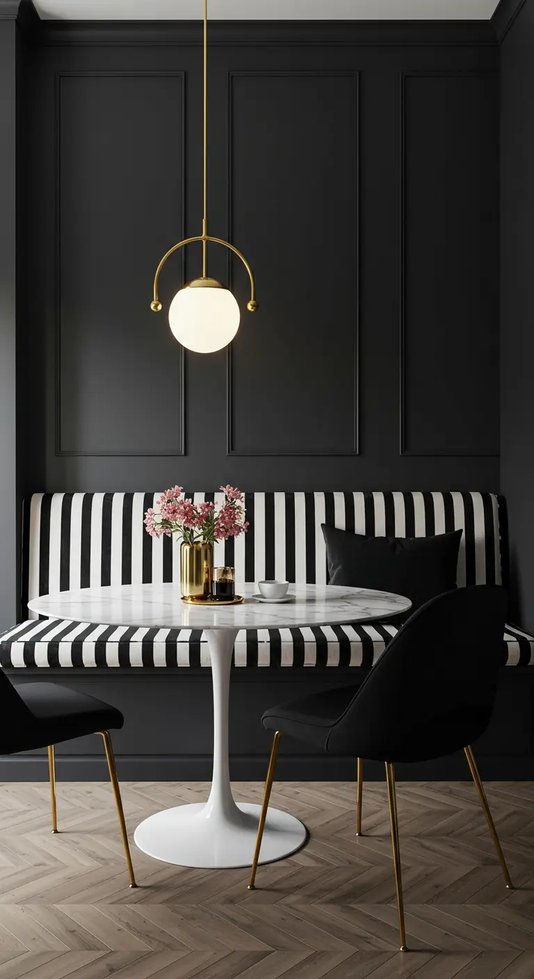Breakfast nook with dark walls, a black-and-white striped banquette, and a white marble tulip table.