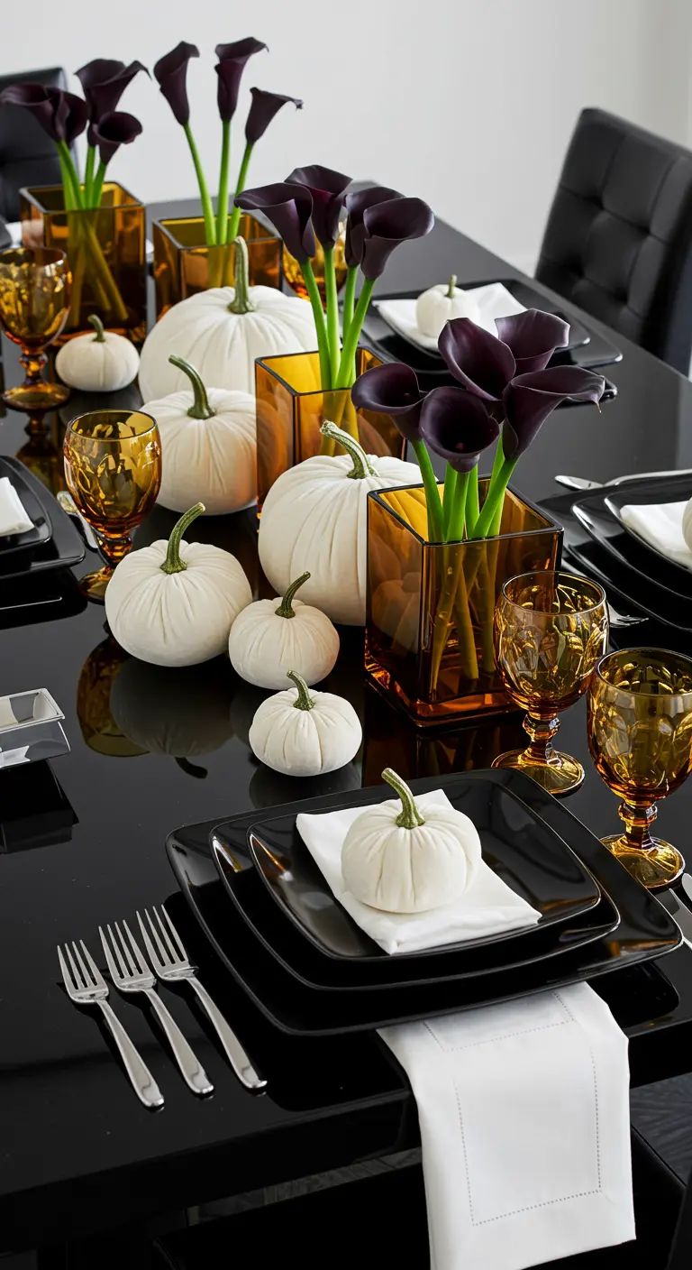 Modern black and white table setting with white pumpkins and purple calla lilies.