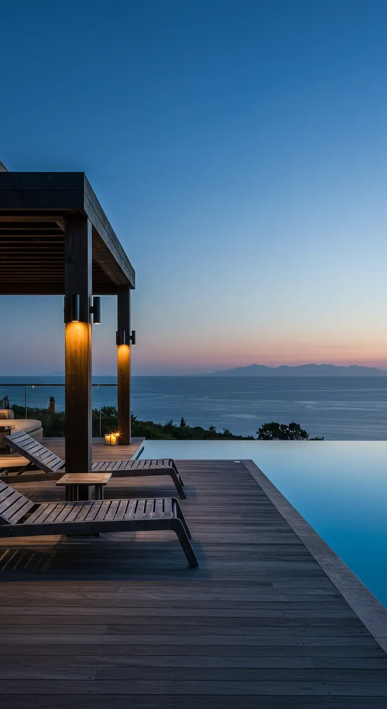 Modern dark wood pergola with sconces next to an infinity pool with chaise lounges.