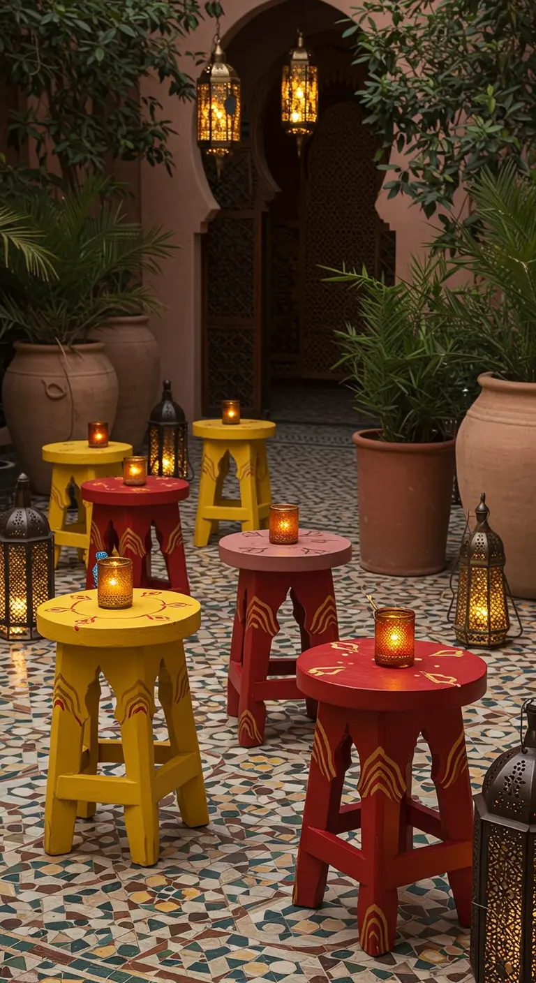 Red and yellow stools with hand-painted Moroccan patterns in a tiled courtyard with lanterns.