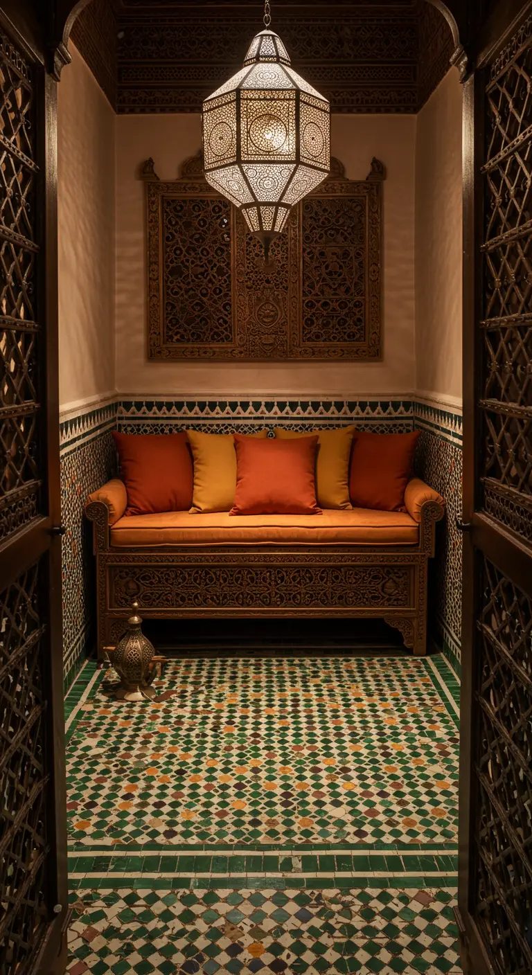 A cozy Moroccan-inspired nook with green and yellow floor tiles and an ornate wooden bench.