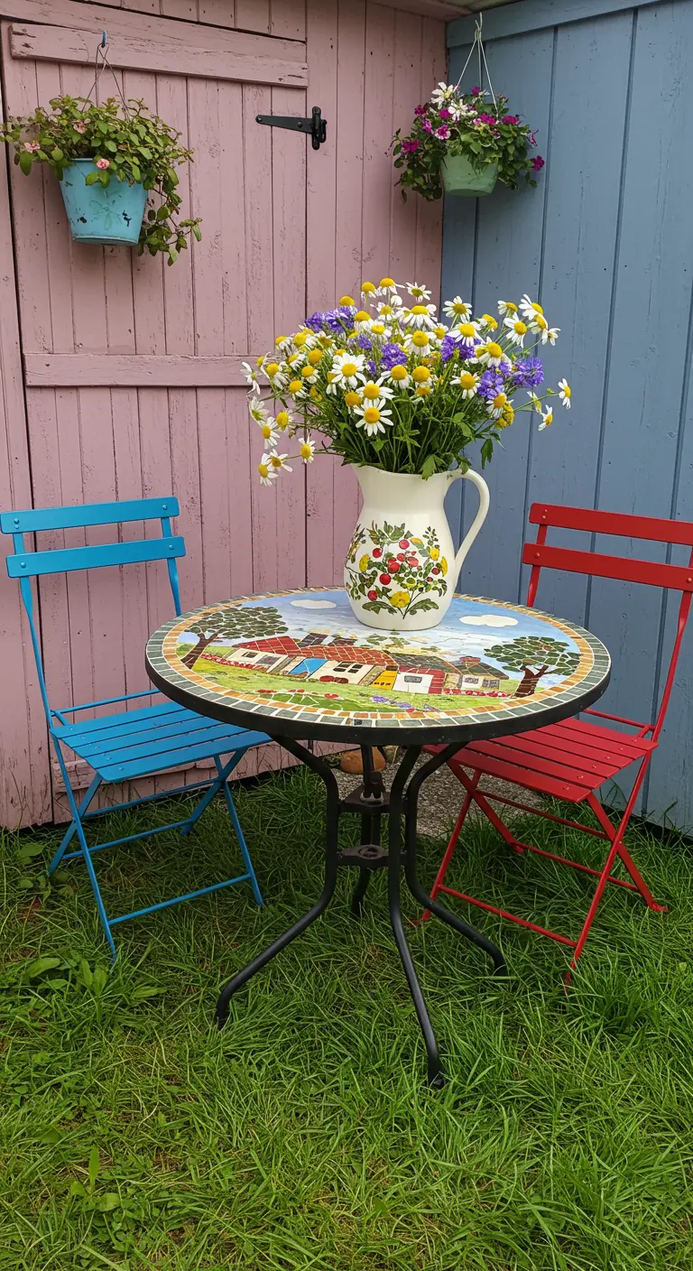 Bistro table with a folk-art mosaic of a village scene, paired with mismatched colored chairs.