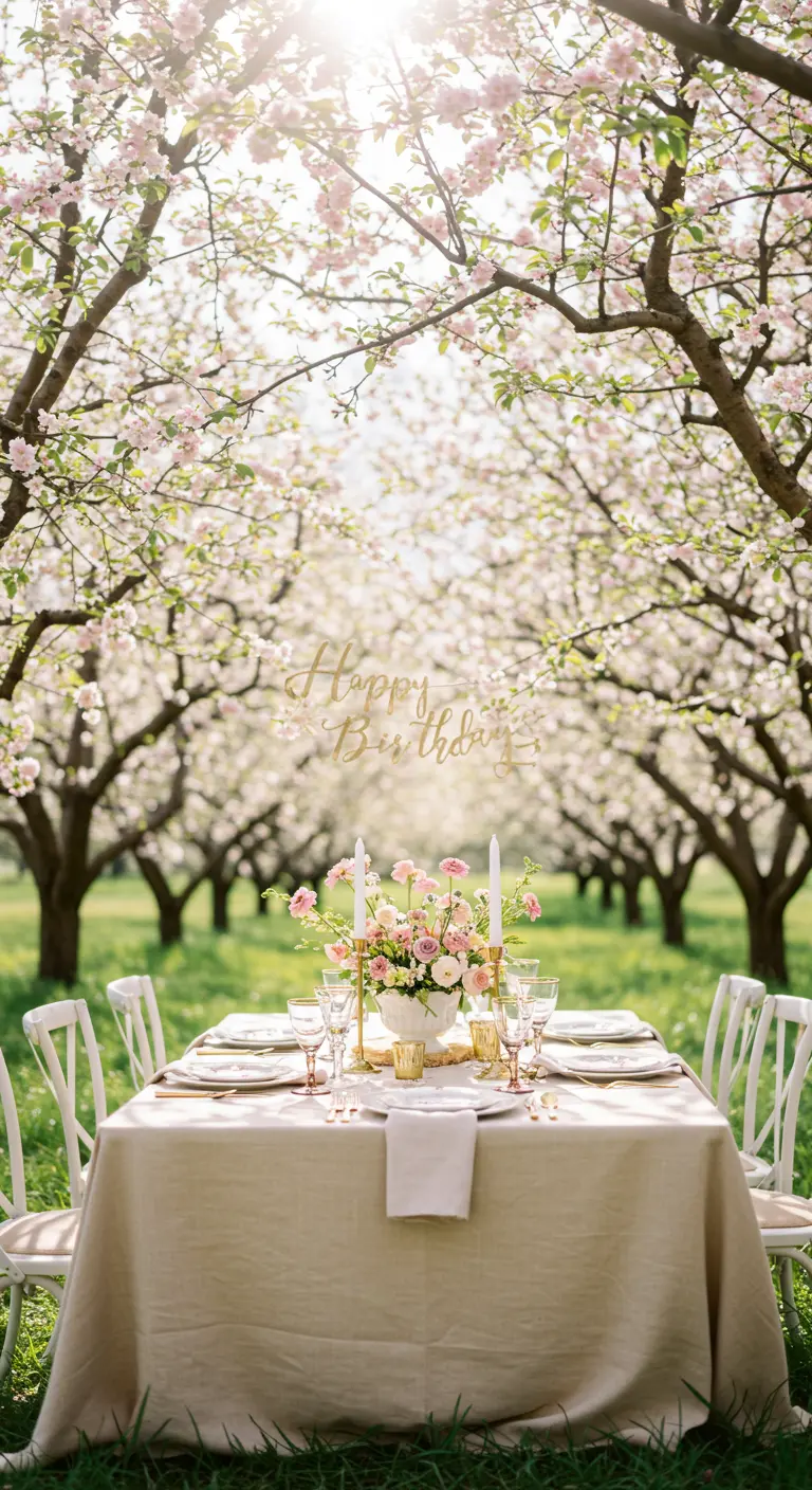 A birthday table set in a blooming orchard with a