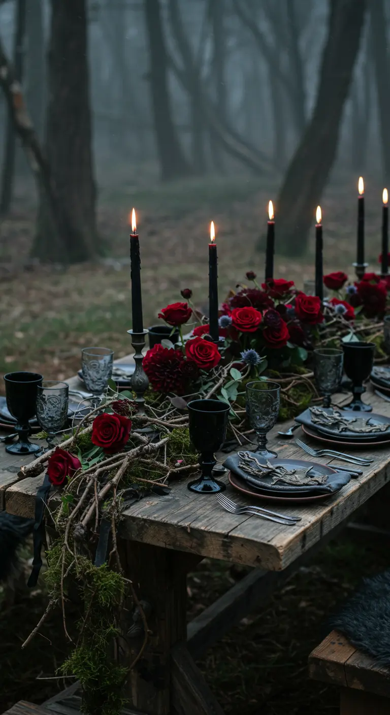 A rustic table in the woods with a centerpiece of tangled branches, moss, and red roses.