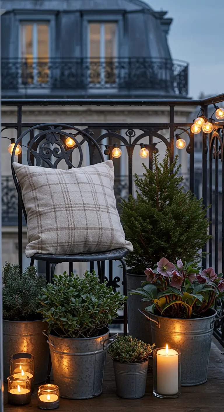 Parisian-style balcony with an iron chair, plaid pillow, and potted plants lit by candles.