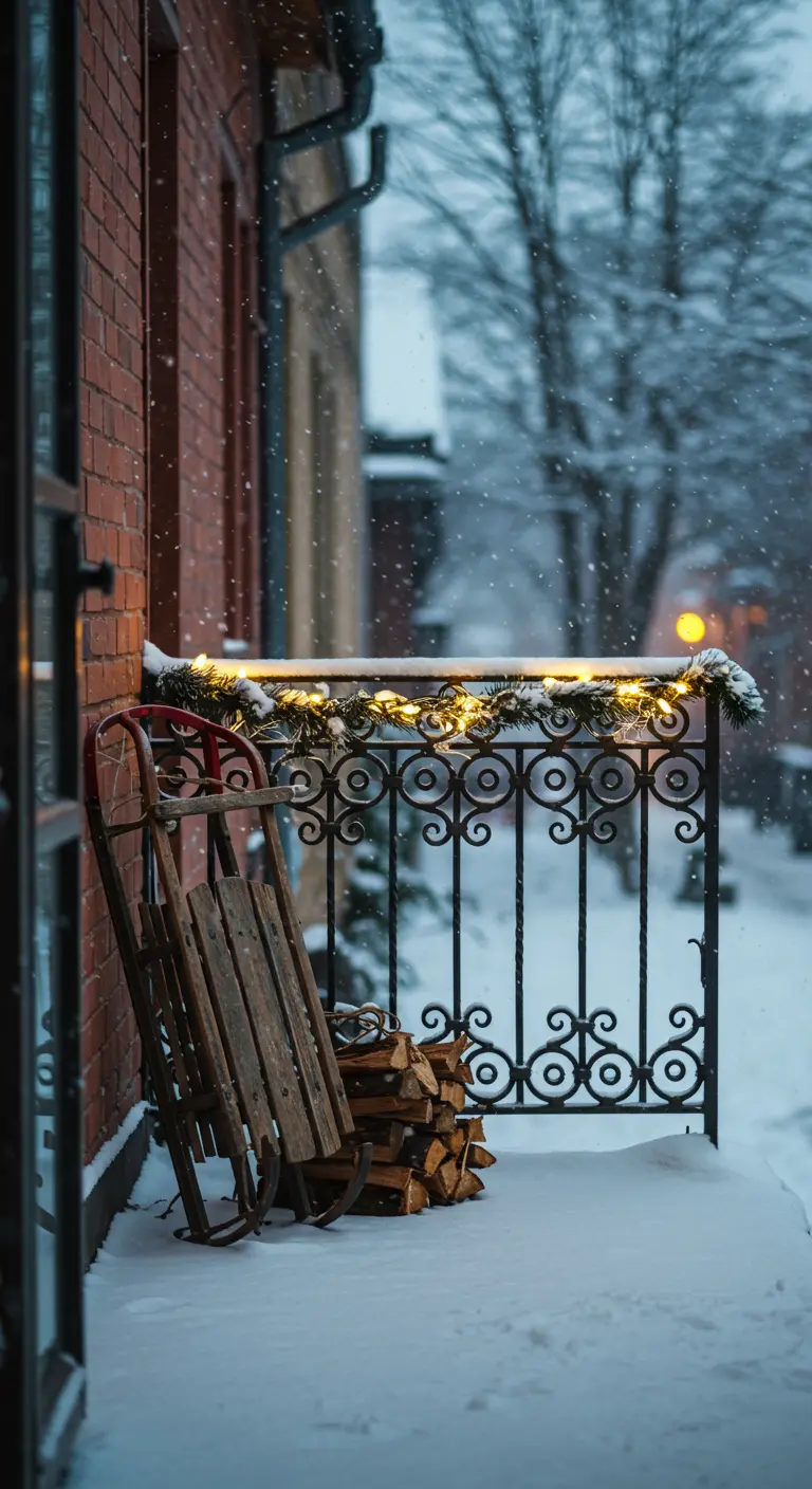 Snowy wrought iron balcony with a vintage sled, garland, and a small pile of firewood.