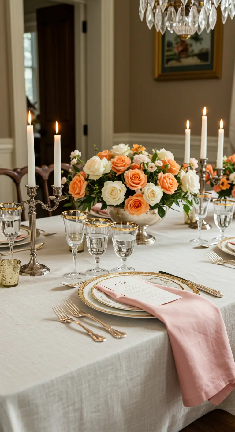 Formal dining table with peach roses, silver candlesticks, and gold-rimmed glasses.