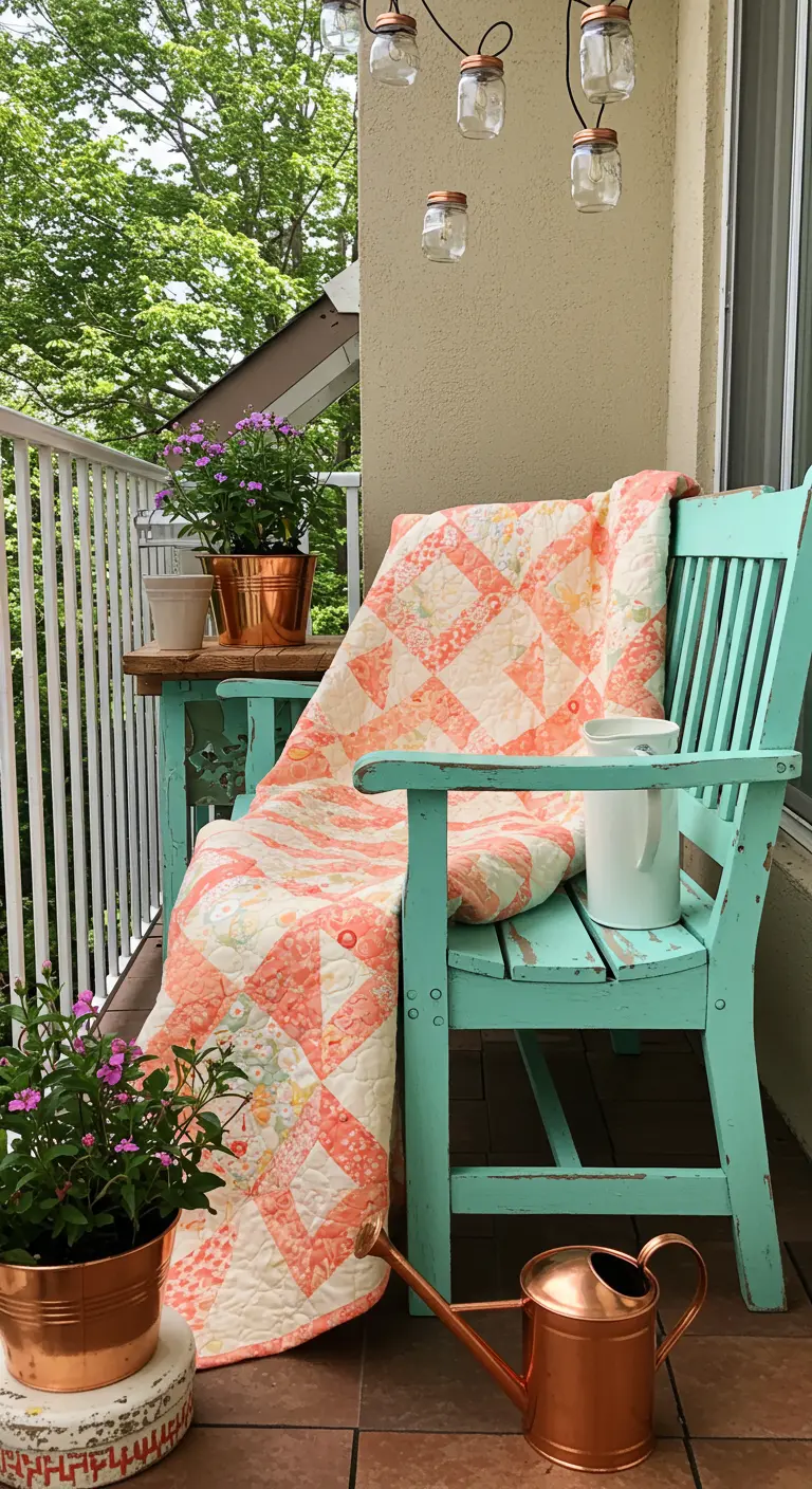 A mint green bench on a balcony holding a peach and white quilt, with copper planters.