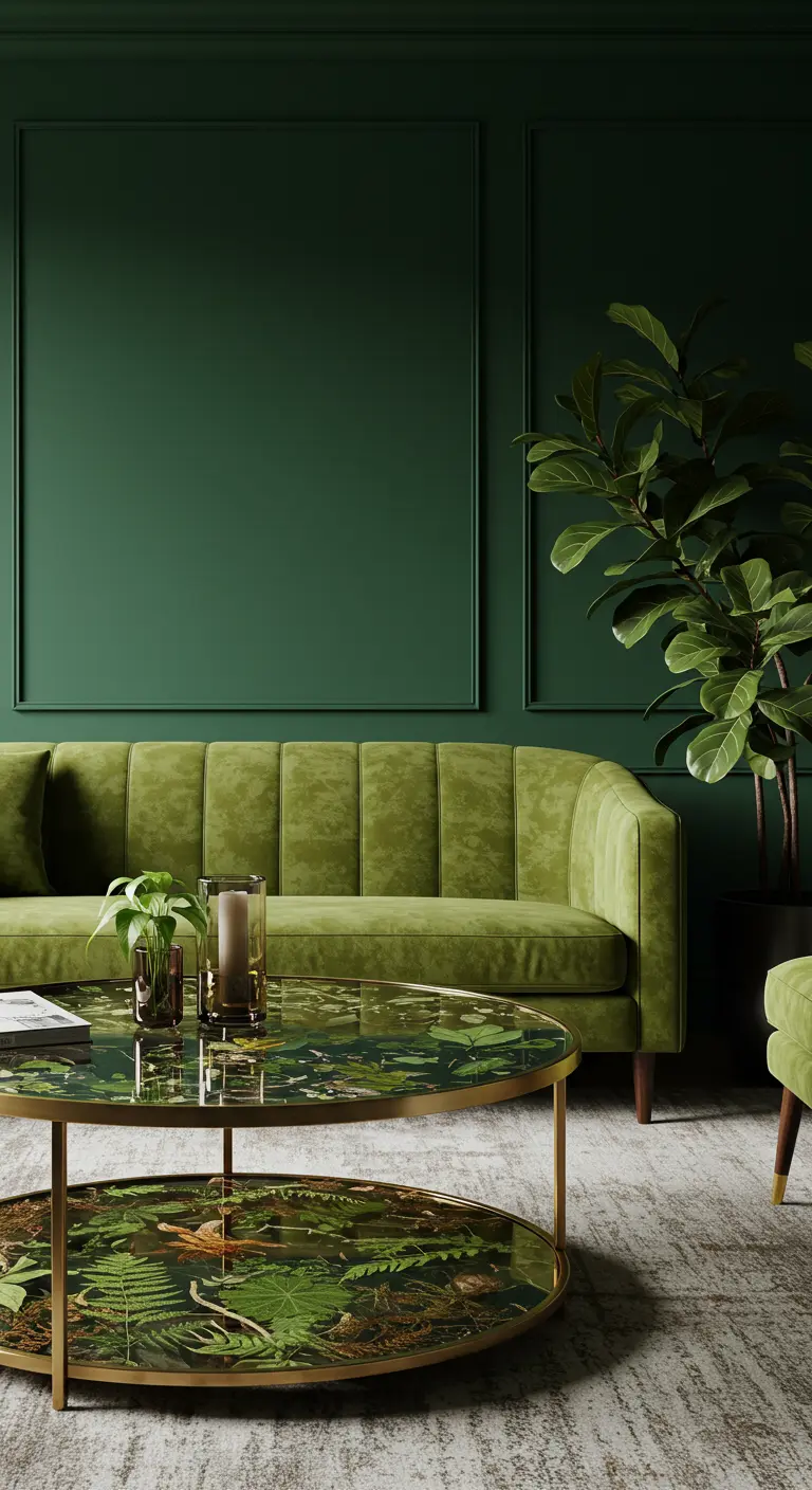 A green living room with a glass coffee table displaying botanical elements inside.