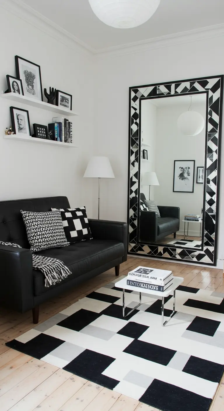 Compact living room with a large, graphic-framed mirror and a deconstructed checkerboard rug.
