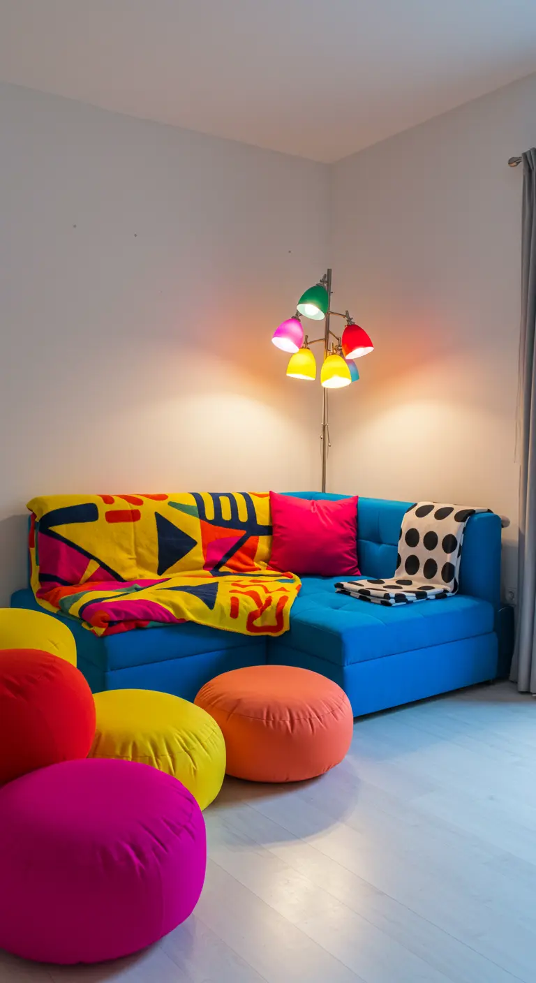 Bright living room with a blue sofa, colorful geometric throws, and an assortment of bright round floor poufs.